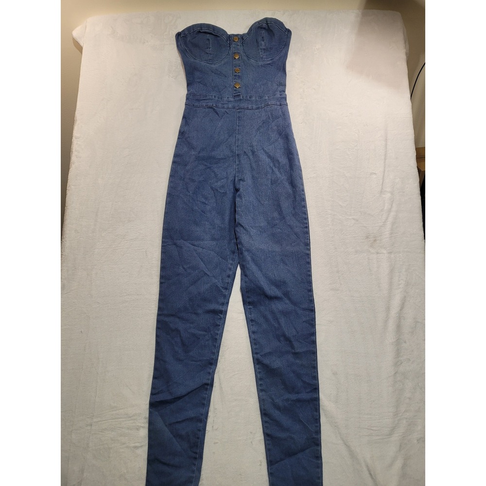 NWT Kaylee Kollection Denim Jumpsuit Women S Blue Strapless Bustier Skinny Leg